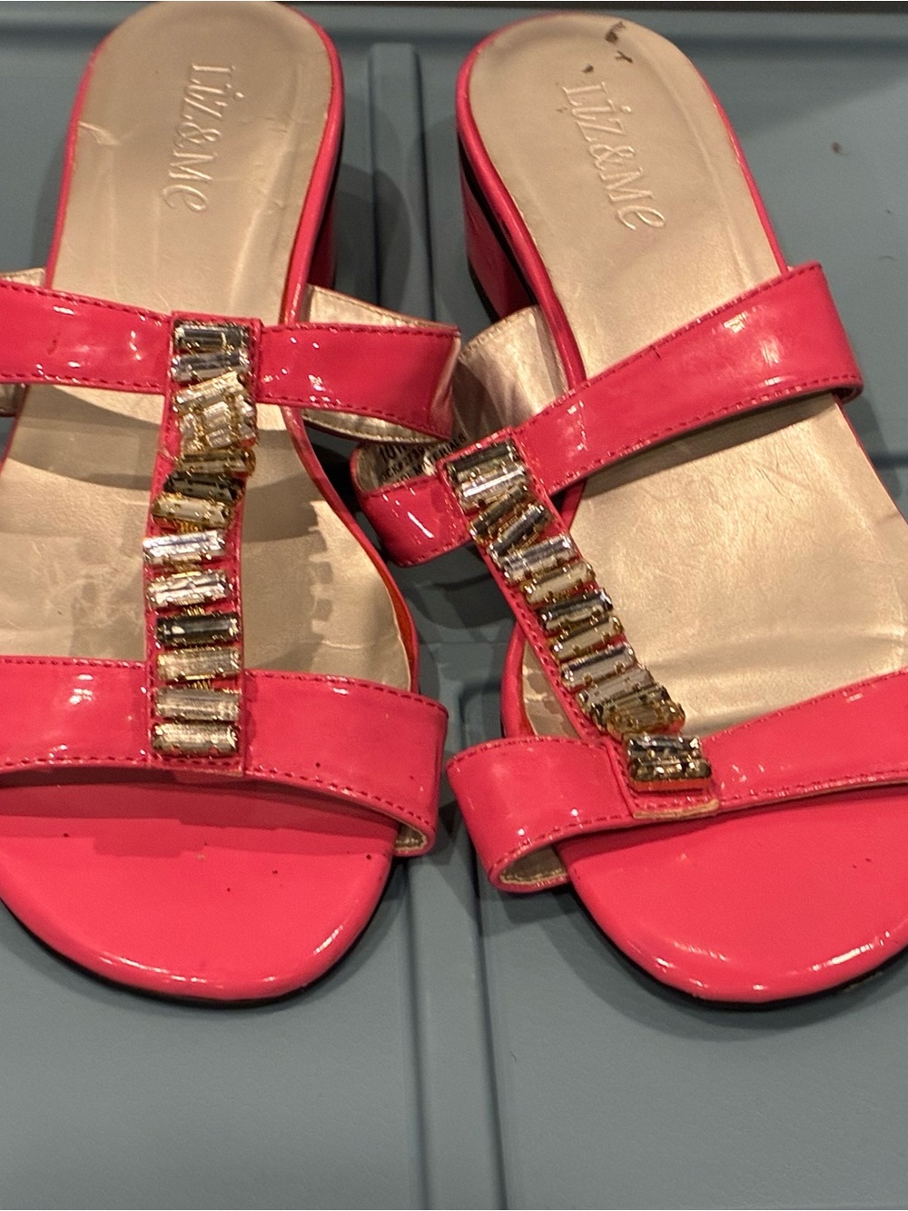 Liz & Me Pink Jeweled T-Strap Patent Slide Sandals